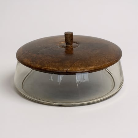 زبدية زجاج بغطاء خشب هندي بني غامق