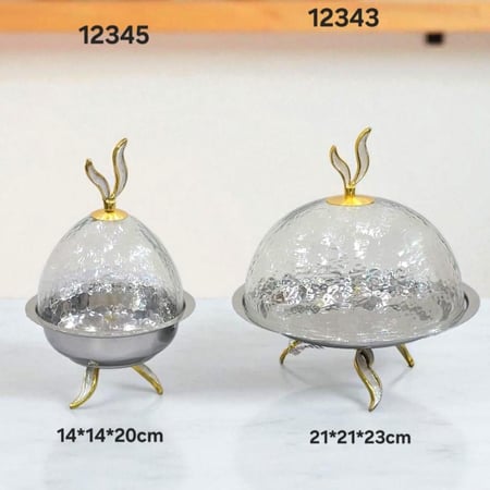 تغطية تقديم زجاجية بقاعدة استيل ومقبض ذهبي