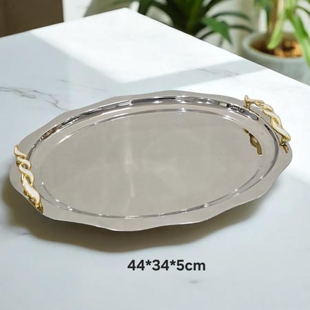 صينية تقديم فاخرة بمقابض ذهبية – تصميم استيل أنيق