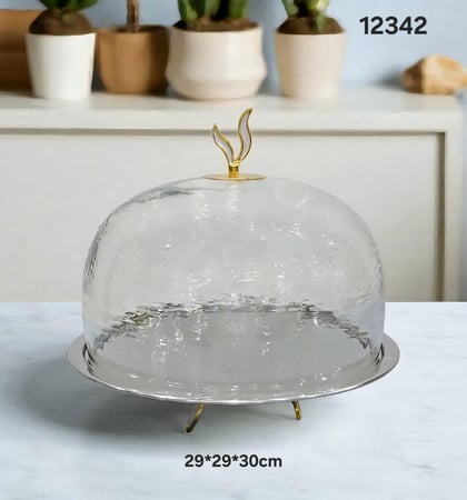تغطية تقديم زجاجية بقاعدة استيل ومقبض ذهبي – 3 أحجام مختلفة