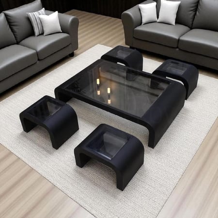 طقم طاولات ضيافة أسود أرضي 7 قطع فاخرة