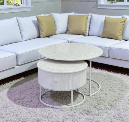 طقم طاولة قهوة مودرن دائري متداخل – قطعتان بسطح رخامي أبيض