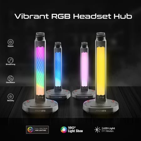 بروميت حامل سماعة رأس RGB متعدد الوظائف مع شاحن لاسلكي 15 واط وموزع USB-C وUSB-A بسرعة 480Mbps FortX