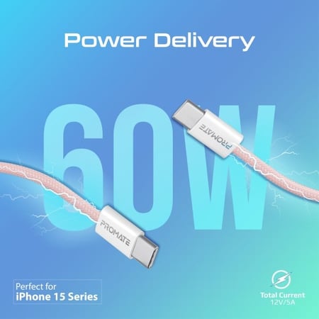 بروميت كيبل شحن ايكولاين ونقل بيانات 60 واط تايب سي الى تايب سي بطول 1.2 متر وردي - EcoLine-CC120