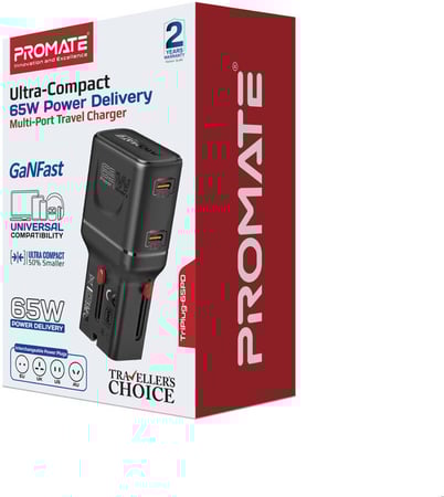 بروميت شاحن السفر العالمي 65 واط بتقنية GaNFast ومنفذين USB-C بتقنية PD - اسود TriPlug-65PD
