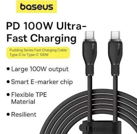 بيسوس كيبل تايب سي الي تايب سي بطول 1.2 متر بقوة 100 واط - لون اسود