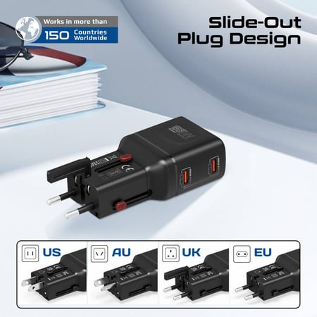 بروميت شاحن السفر العالمي 65 واط بتقنية GaNFast ومنفذين USB-C بتقنية PD - اسود TriPlug-65PD