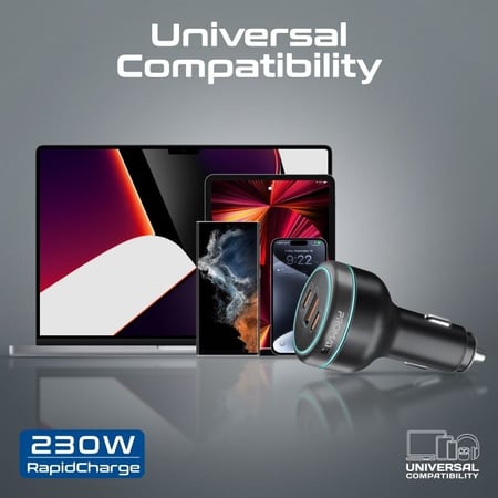 أقوى شاحن سيارة في العالم - منفذين بي دي PD ومنفذ يو اس بي USB-A بقوة 230 واط - بروميت -PowerDrive-230W- Promate