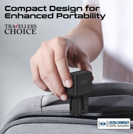 بروميت شاحن السفر العالمي 35 واط بتقنية GaNFast ومنفذ USB-C بتقنية PD ومنفذ USB-A - اسود TriPlug-PD35