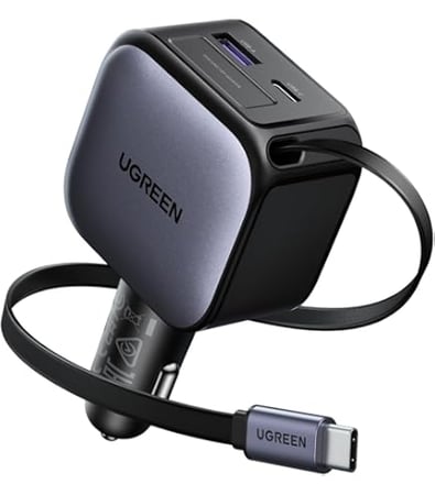 يوجرين شاحن سيارة سريع بمنفذين 145 واط مع كابل قابل للسحب