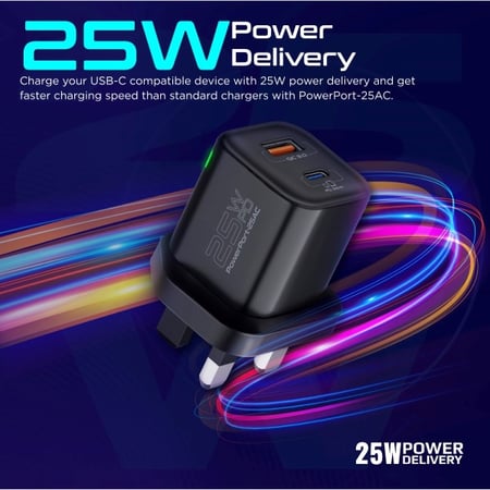 بروميت راس شاحن جداري 25 واط بمنفذ USB-A ومنفذ Type-C - لون اسود