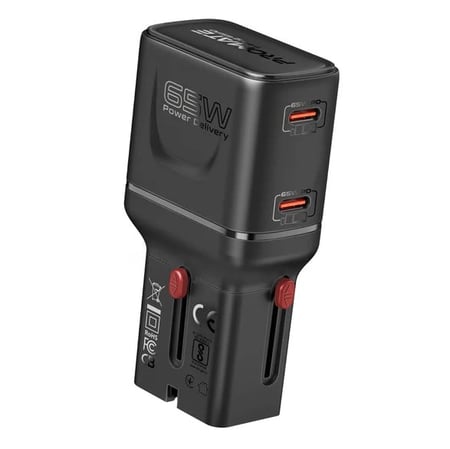 بروميت شاحن السفر 65 واط بتقنية GaNFast ومنفذين USB-C بتقنية PD - اسود