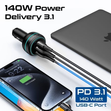 أقوى شاحن سيارة في العالم - منفذين بي دي PD ومنفذ يو اس بي USB-A بقوة 230 واط - بروميت -PowerDrive-230W- Promate