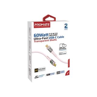 بروميت كيبل شحن ترانس لاين ونقل بيانات 60 واط تايب سي الى تايب سي بطول 2 متر وردي - TransLine-CC200