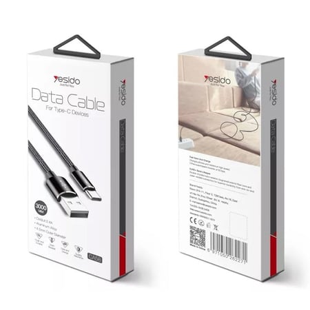 يسيدو كيبل شحن ونقل بيانات  3 متر تايب سي Type-C قماش اسود-CA58