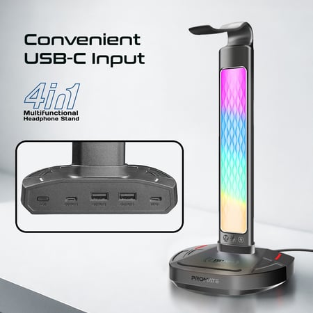 بروميت حامل سماعة رأس RGB متعدد الوظائف مع شاحن لاسلكي 15 واط وموزع USB-C وUSB-A بسرعة 480Mbps FortX