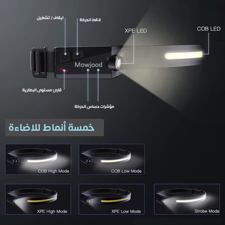 كشاف رأس ليد مع حساس تشغيل خفيف الوزن مع 4 اوضاع قابل لاعادة الشحن بمن