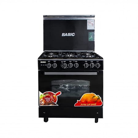 فرن غاز بيسك من الستانلس ستيل، 5 شعلات، مقاس 80x60