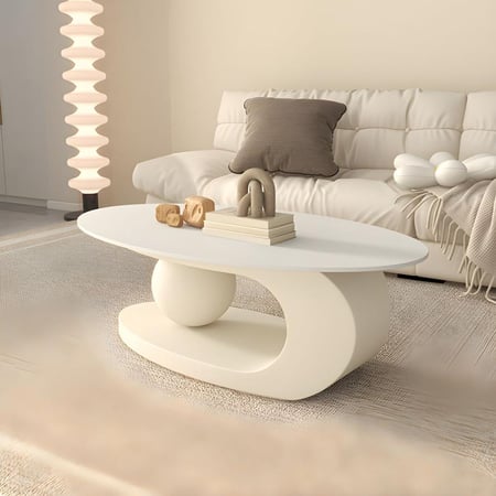 طاوله قهوه بيضاوي لون ابيض سطح خشب