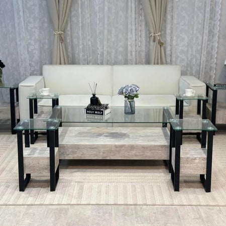 طقم طاولات بديل رخام سطح زجاج شفاف