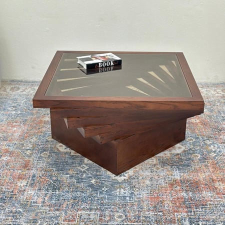 طاولة مربع سطح زجاج قاعده خشب قشرة سنديان