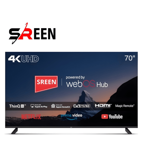 شاشة سرين 70 بوصة سمارت 4K WebOS – تحكم ذكي مع ريموت ماجيك وAirPlay