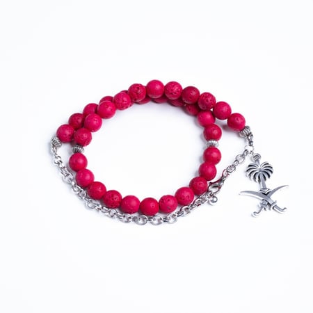 أسورة + سبحة حجر بركاني أحمر شكل سيفين ونخلة