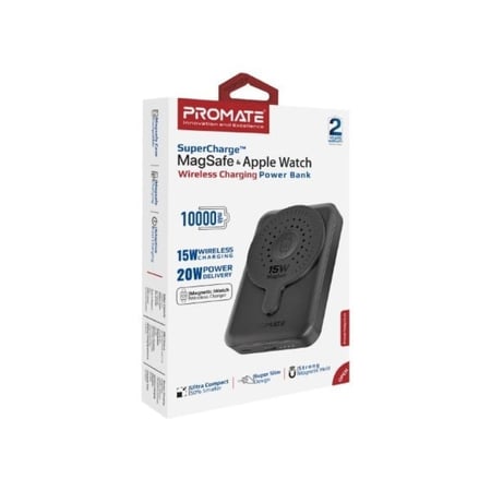 PROMATE - بطارية PowerMag-Duo سعة 10000 مع شاحن ساعة مدمج وشاحن لاسلكي بقوة 20 واط - أسود