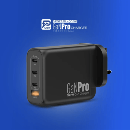 Sonic Jeem - شاحن جداري بتقنية GaNPro بـ4 منافذ بقوة 100 واط - أسود