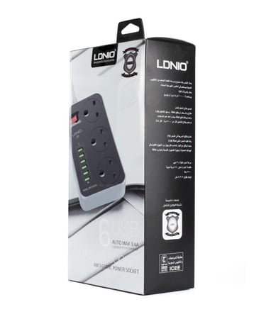 LDNO توصيله كهربائيه لدنيو مقاومه للحريق بثلاث مقابس للكهرباء  و 6 منافذ للشحن USB