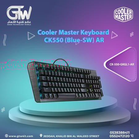 لوحة مفاتيح للألعاب من كولر ماستر CK550 بألوان الفضاء اللوني RGB مع مفتاح ازرق، USB - CK-550-GKGL1-AR