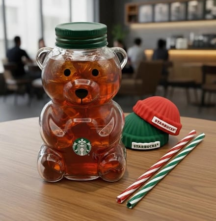 كوب قهوة زجاجي بتصميم دب تيدي – كوب عصري لعام 2025 مع ماصة وغطاء (Teddy Bear Cup 2025)