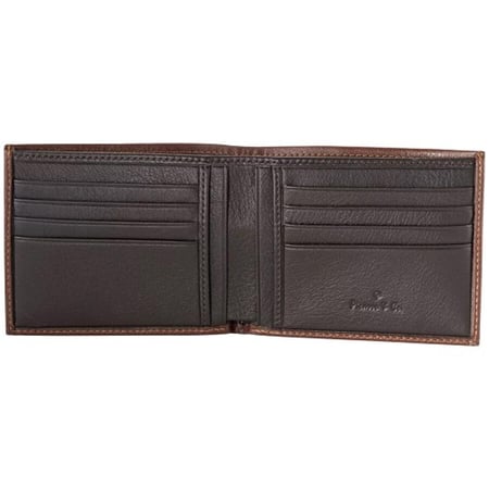 محفظة جلدية بتصميم رأس صقر باللون البني من بيكاسو اند كو. تتميز هذه المحفظة بـ 8 فتحات لبطاقات الائتمان، 2 جيب للنقود، و 4 جيوب للأوراق الورقية الصغيرة، مع نقش رأس الصقر. الأبعاد: 11.8 × 9.5 سم.