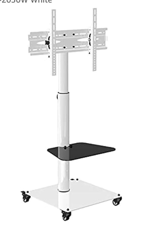 حامل تلفزيون احترافي من الستيل برف قابل للتعديل لاعلى واسفل بسهولة وعجلات قوية مع فرامل يناسب الشاشات بمقاس 32 انش وحتى 65 انش ويتحمل 50 كغم من الوزن ويسمح بامالة الشاشة 15 درجة من هاموود، ابيض