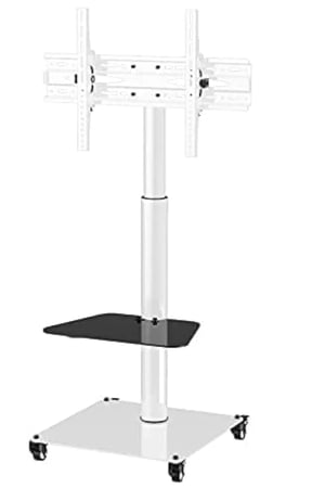 حامل تلفزيون احترافي من الستيل برف قابل للتعديل لاعلى واسفل بسهولة وعجلات قوية مع فرامل يناسب الشاشات بمقاس 32 انش وحتى 65 انش ويتحمل 50 كغم من الوزن ويسمح بامالة الشاشة 15 درجة من هاموود، ابيض