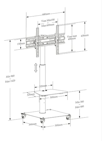 حامل تلفزيون احترافي من الستيل برف قابل للتعديل لاعلى واسفل بسهولة وعجلات قوية مع فرامل يناسب الشاشات بمقاس 32 انش وحتى 65 انش ويتحمل 50 كغم من الوزن ويسمح بامالة الشاشة 15 درجة من هاموود، ابيض