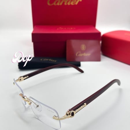 نظارة كارتير خشبي ذهبي بدون أطار بعدسة شفافة