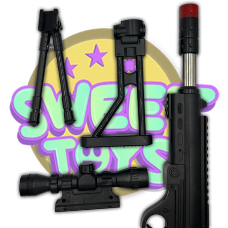 محتويات لعبة مسدس خرز مع ستاند