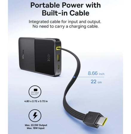 باور بنك بيسوس سعة 10 الأف قوة 22.5 واط مع كيبل مدمج وشاشة رقمية