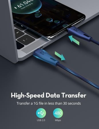 سلك راف باور تايب سي الى تايب سي نايلون بقوة 60 واط بطول 1.2متر - ازرق