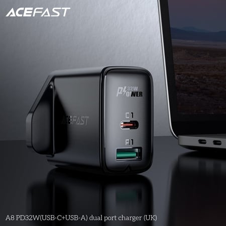 شاحن جداري AceFast A8 بقوة 32 واط منفذ تايب سي ومنفذ يو اس بي -  اسود