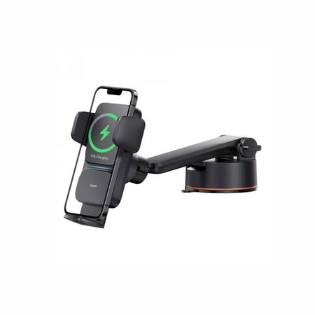 حامل جوال بيسوس تلقائي الاغلاق مع قاعدة تثبيت لصق وشاحن لاسلكي 15 واط - اسود