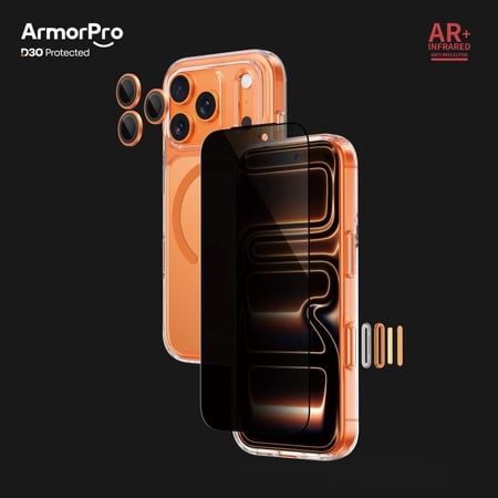 بكج Armorpro D30 ثلاثة في واحد ( كفر حماية شفاف ماج سيف برتقالي + حماية شاشة زجاجية خصوصية + حماية للعدسات ) مع زر التصوير للايفون 17