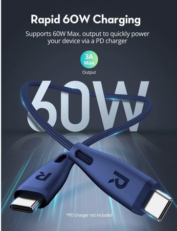 سلك راف باور تايب سي الى تايب سي نايلون بقوة 60 واط بطول 1.2متر - ازرق