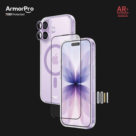 بكج Armorpro D30 ثلاثة في واحد ( كفر حماية شفاف ماج سيف بنفسجي + حماية شاشة شفافة ضد الانعكاس + حماية للعدسات ) مع زر التصوير للايفون 17