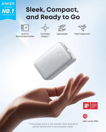 بطارية متنقلة انكر نانو بقوة 45 واط بسعة 10000 ملي امبير بمنفذ تايب سي ومنفذ يو اس بي مع سلك تايب سي مدمج - ابيض