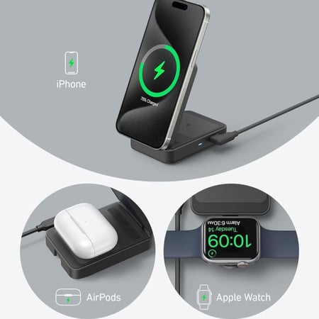 منصة شحن انكر ماج سيف قابل للطي 3 في واحد ( شاحن جوال + شاحن ساعة + شاحن سماعة ) مع شاحن جداري تايب سي - اسود