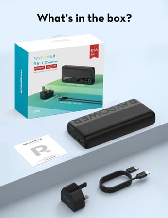 بكج راف باور بطارية بقوة 20 واط بسعة 20000 ملي امبير بمنفذين تايب سي ومنفذ يو اس بي مع + شاحن جداري بقوة 20 واط بمنفذ تايب سي + سلك تايب الى تايب سي