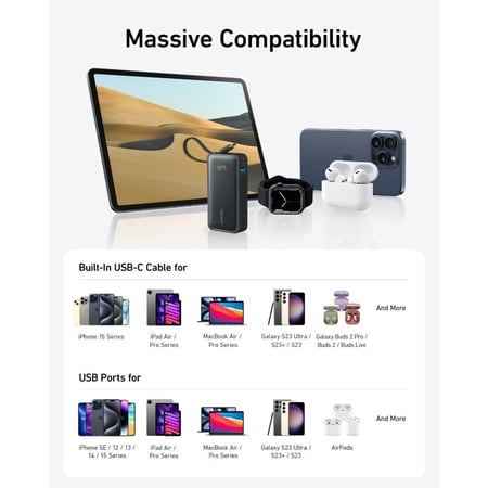 بطارية انكر 533 باوركور بسعة 10000 و بقوة 30 واط مع كيبل تايب سي مدمج - اسود