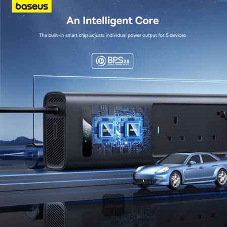 توصيلة سيارة بيسوس بقوة 150 واط و220 فولت بمنفذ تايب سي ومنفذ USB ومنفذين طاقة - اسود